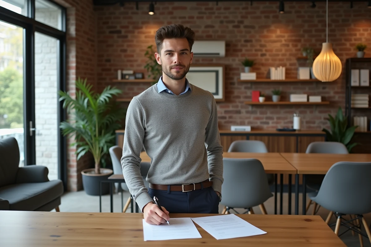Jeune homme signant un document dans un espace de coworking