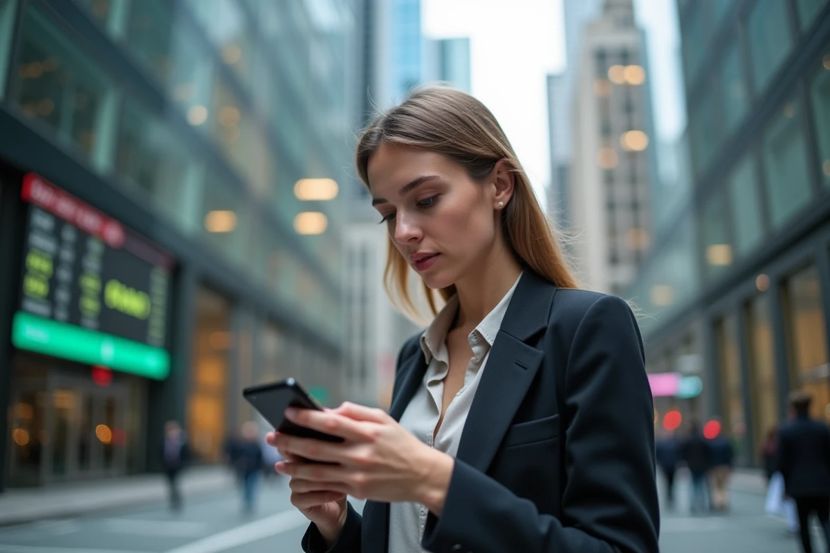 Jeune femme investisseuse vérifiant les cours en ville