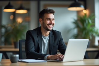 Jeune homme professionnel souriant au bureau moderne