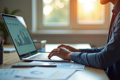 Jeune professionnel analysant des graphiques financiers sur un ordinateur
