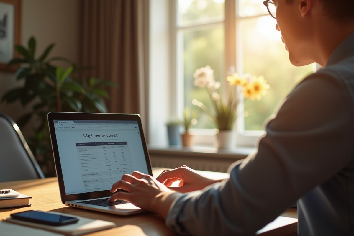 Jeune professionnel vérifiant son salaire sur un ordinateur portable
