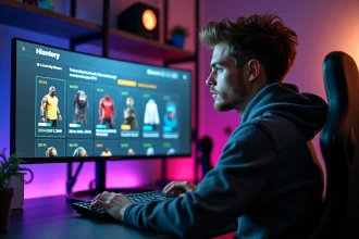 Joueur consultant son historique d'achat Valorant sur un grand écran ultrawide dans un setup gaming moderne