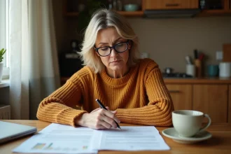 Femme lisant attentivement les conditions générales d'un contrat d'assurance à la maison