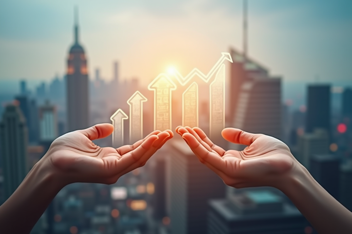 Mains tenant des icônes financières ETF et flèches de croissance