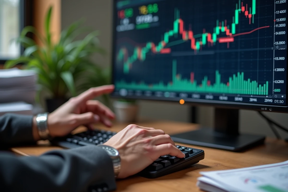 Gros plan sur les mains d'un trader devant un tableau de bord financier avec des graphiques de turbos et marchés volatils