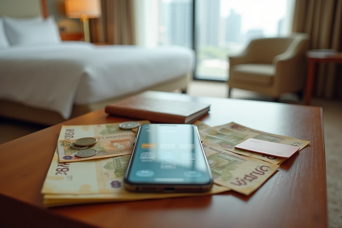 Billets de dirhams émiratis, monnaie et carnet de voyage posés sur un bureau d'hôtel à Dubaï