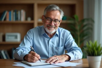 Homme écrivant un chèque entre particuliers à une table de cuisine avec des documents, illustrant les règles légales sur le montant maximum d'un chèque