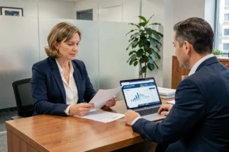 Une femme professionnelle négocie avec un conseiller bancaire en utilisant le Credit Monitoring Arrangement pour obtenir de meilleures conditions de crédit