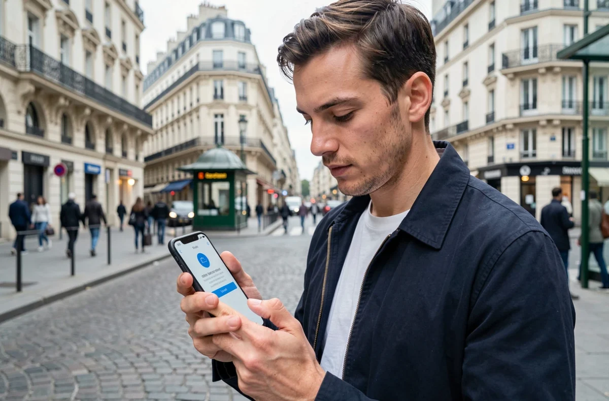 Homme consultant une notification de paiement Wenmo sur son smartphone devant une station de métro à Paris