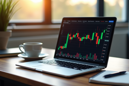 Ordinateur portable affichant un graphique ETF sur un bureau lumineux