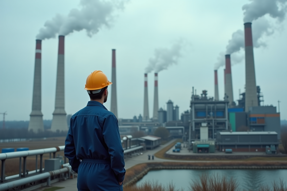 Ouvrier industriel observant des cheminées émettant de la vapeur