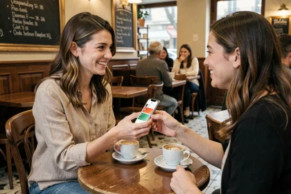 Femme utilisant une application de paiement mobile de type Wenmo dans un café parisien pour rembourser une amie