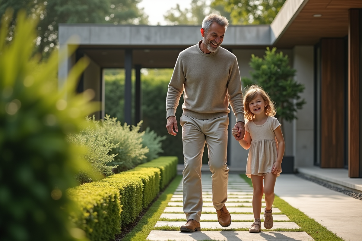 Père et fille riant dans un jardin verdoyant