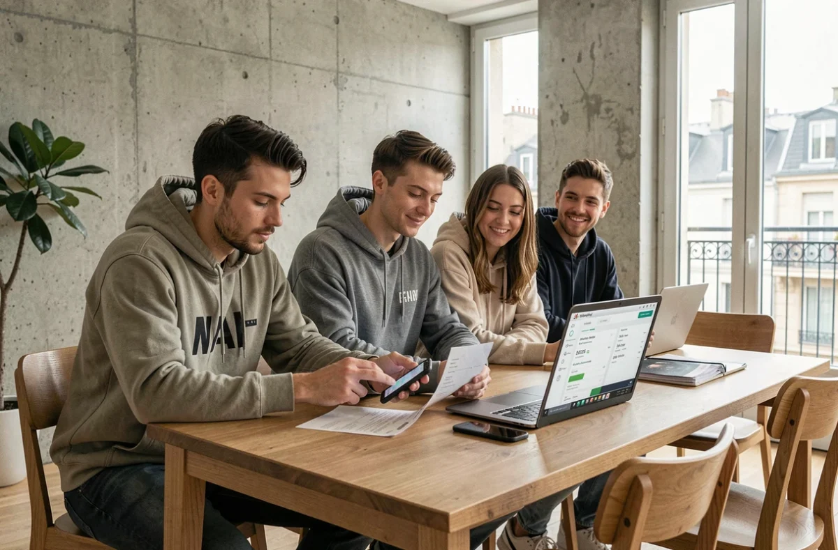 Groupe d'amis partageant une addition avec une application de virement mobile Wenmo dans un appartement parisien