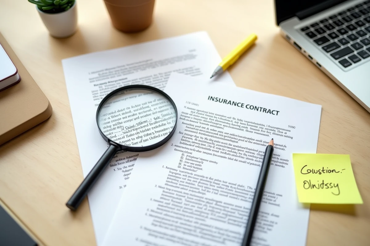 Loupe posée sur les petites lignes d'un contrat d'assurance avec annotations manuscrites