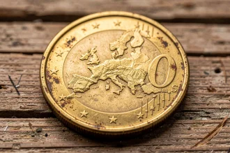 Gros plan sur une pièce rare de 50 centimes en euro posée sur une surface en bois brut, montrant les détails de frappe et la cote numismatique