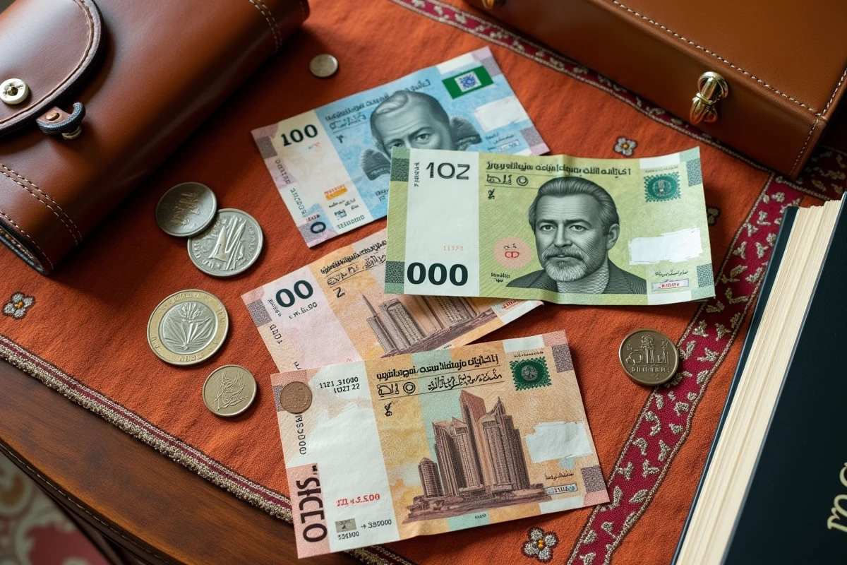 Collection de pièces et billets en dirhams émiratis avec accessoires de voyage pour touristes