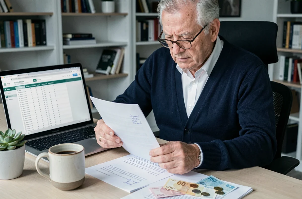 Un homme âgé consulte des documents financiers et des billets en euros sur son bureau, illustrant la planification d'une donation familiale sans droits fiscaux