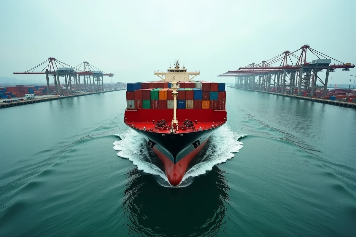 Porte-conteneurs CMA CGM chargé naviguant dans un canal portuaire international entouré de grues industrielles