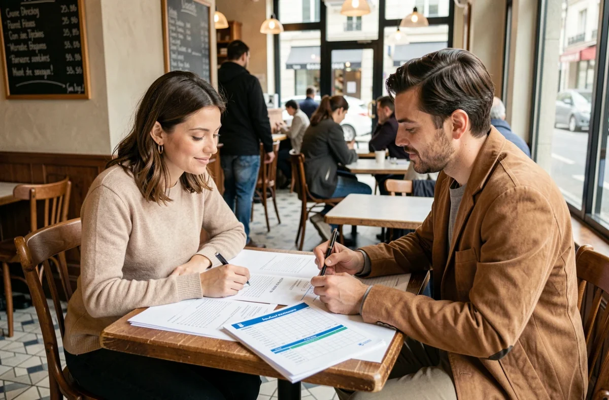Deux candidats à un concours de la fonction publique comparant des grilles de salaire net brut dans un café