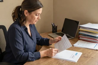 Femme préparant un courrier avec documents pour l'envoi au Centre Financier de La Banque Postale