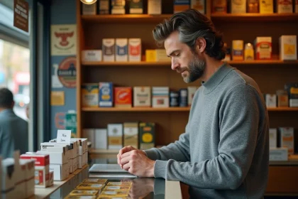 Homme consultant les prix des cigarettes dans un bureau de tabac belge avec différentes marques exposées sur le comptoir