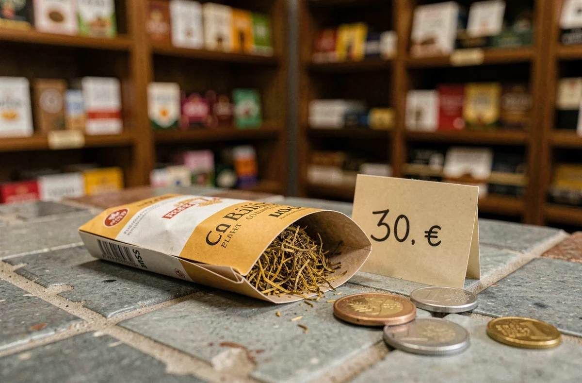 Paquet de tabac à rouler 30g posé sur un comptoir de bureau de tabac espagnol avec des pièces en euros