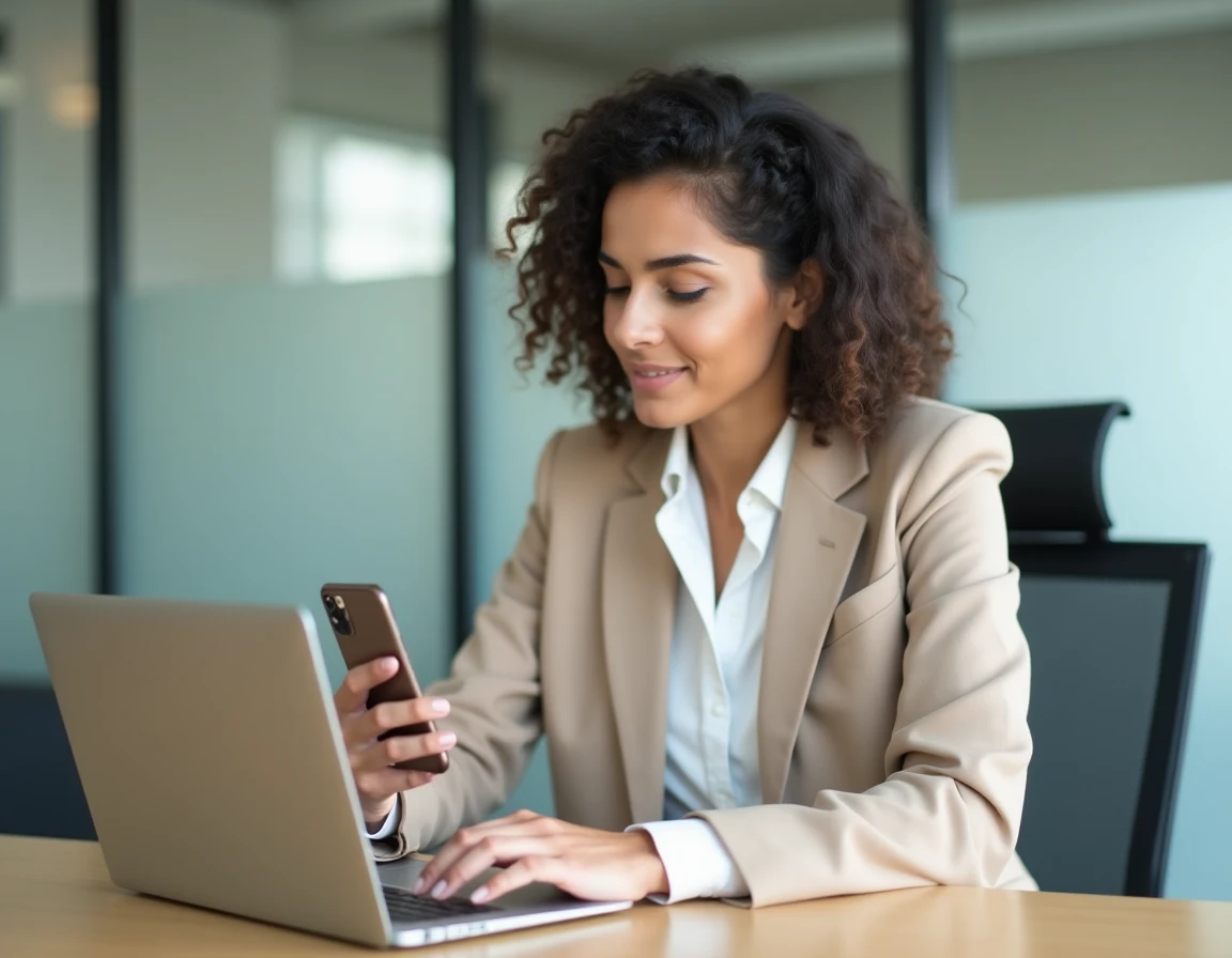 Jeune professionnelle gérant son espace client Société Générale sur mobile depuis son bureau