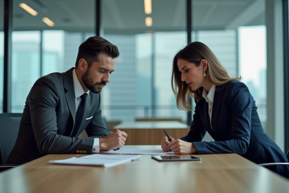 Deux professionnels en réunion dans un bureau moderne