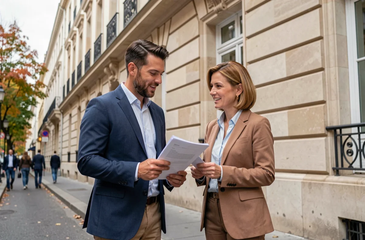 Deux professionnels discutant d'un investissement immobilier en SCPI devant un immeuble haussmannien parisien