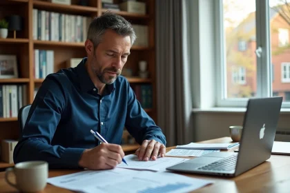 Propriétaire étudiant des documents de taxe foncière et revenus fonciers à son bureau à domicile