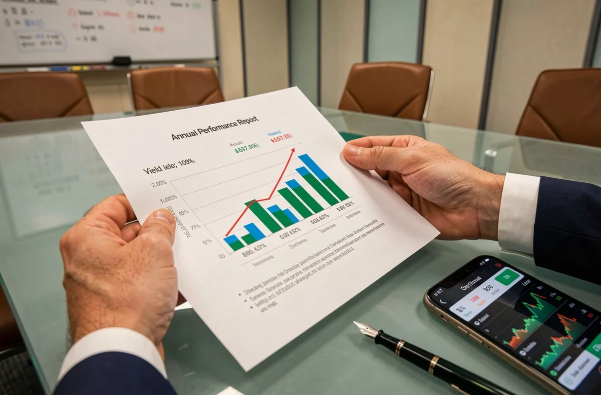 Gros plan de mains tenant un rapport de performance annuelle SCPI avec graphiques de rendement sur une table de conférence