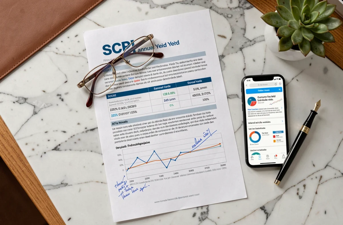 Vue aérienne d'un rapport de rendement SCPI annoté sur un bureau en marbre avec smartphone et stylo plume