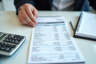 Main tenant un relevé de paie français avec calculatrice