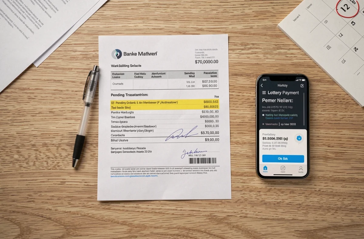 Vue de dessus d'un relevé bancaire avec transaction en attente, smartphone et calendrier illustrant le délai d'un virement FDJ Ptitclic