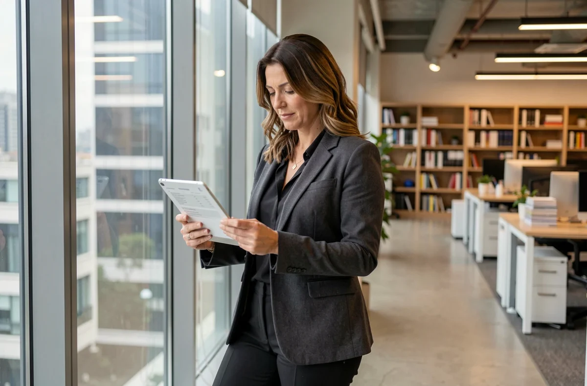 Femme cadre dans un bureau de média consultant un document de rémunération illustrant un salaire fixe et des primes télévisuelles