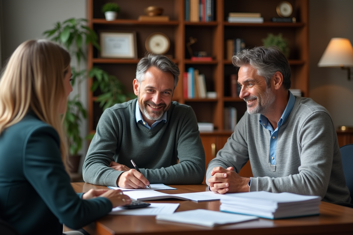 Couple discutant avec un conseiller financier dans un bureau chaleureux