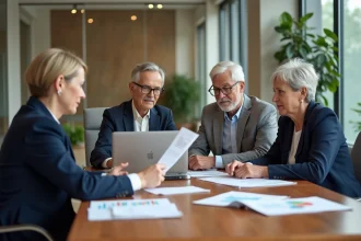 Famille et conseiller patrimonial La Banque Postale autour d'une table pour planifier la retraite et la succession