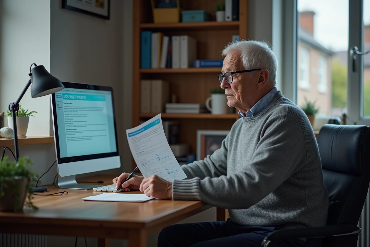 Retraité consultant le site Agirc-Arrco sur son ordinateur portable pour une demande d'aide financière