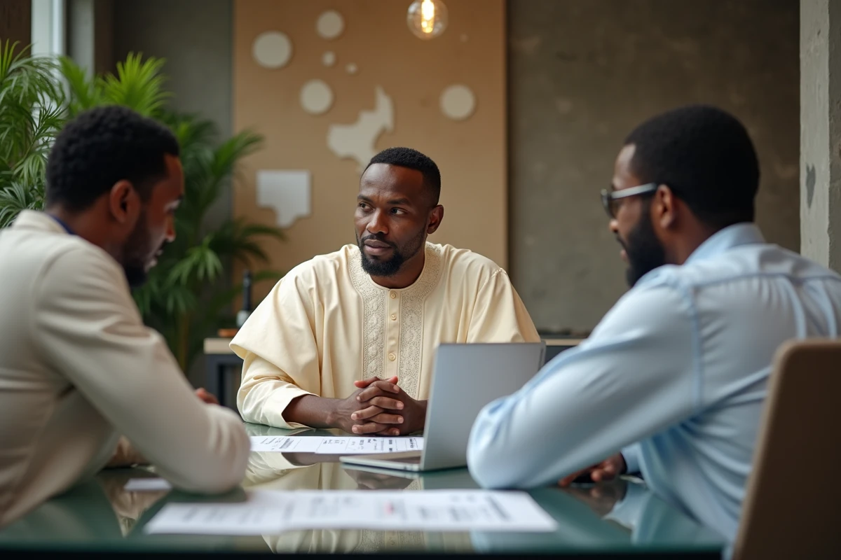 Réunion d'affaires africaine autour d'une table de conférence avec graphiques financiers dans un espace de coworking moderne à Abidjan