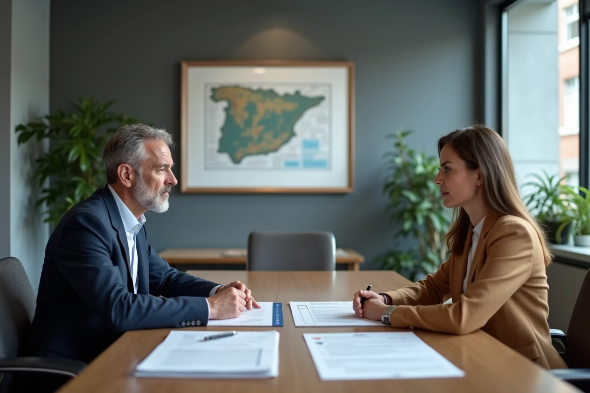 Deux experts en fiscalité discutant des stratégies d'optimisation fiscale pour yacht immatriculé en Andorre lors d'une réunion professionnelle
