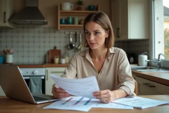 Femme française consultant des documents sur les revenus médians par ville dans une cuisine de maison pavillonnaire