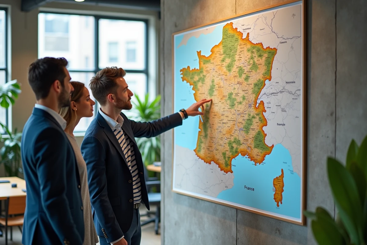 Professionnels discutant des revenus médians par région devant une carte de France dans un bureau moderne