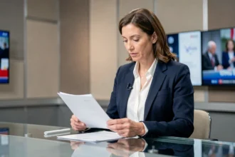 Présentatrice professionnelle en studio de télévision consultant des documents liés à son contrat de travail et ses primes