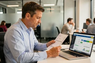 Salarié du secteur privé consultant sa fiche de paie et un simulateur de salaire brut net sur ordinateur portable au bureau