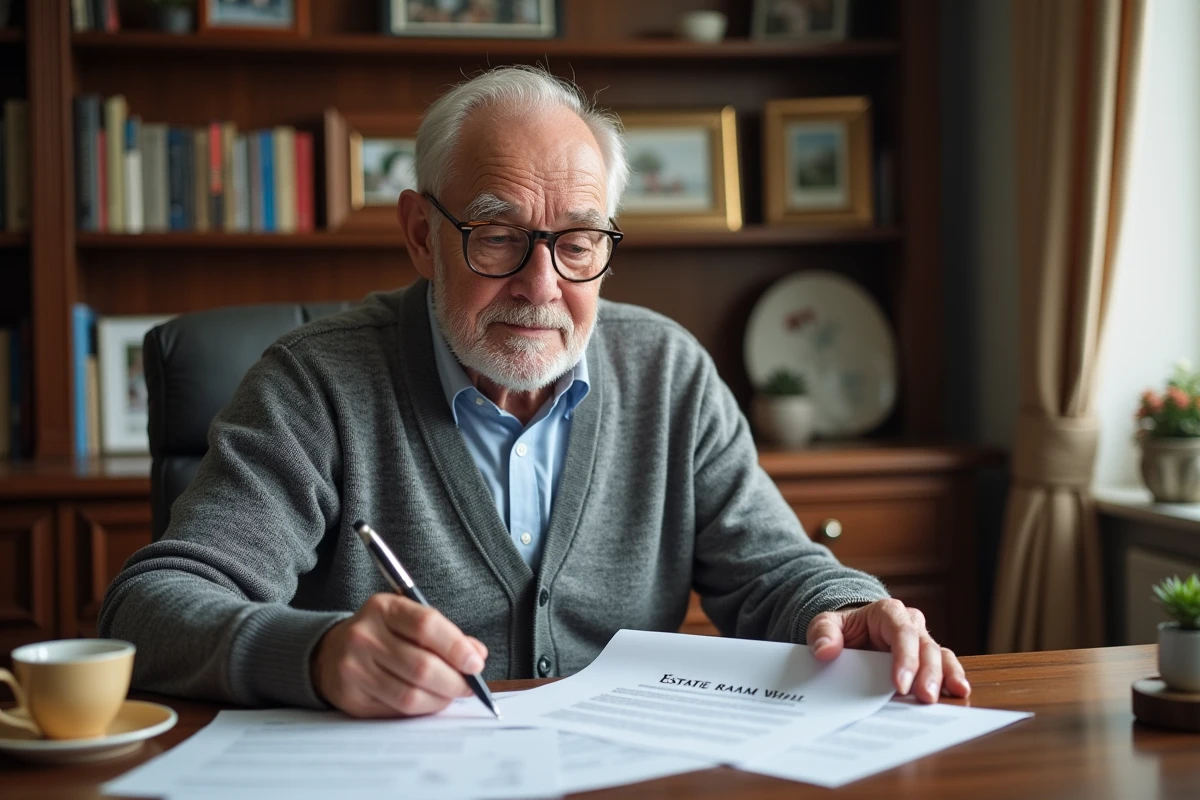 Homme senior consultant des documents de succession et planification patrimoniale à son bureau à domicile