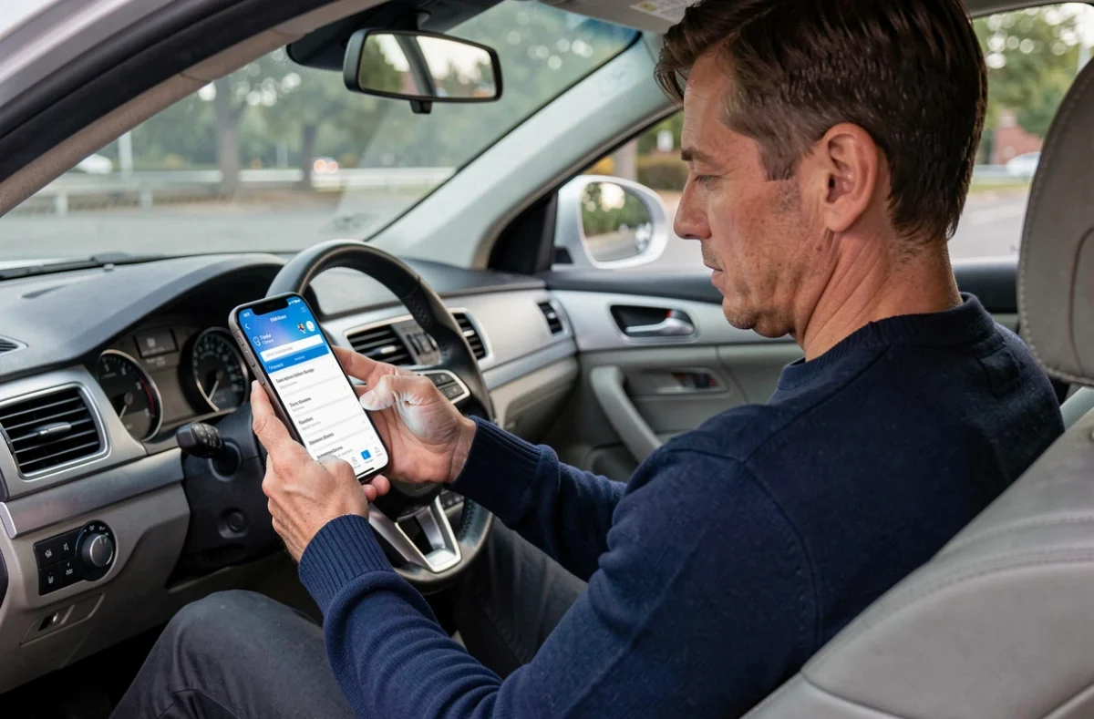 Homme utilisant un simulateur de frais kilométriques sur smartphone depuis l'habitacle de sa voiture