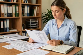Femme fonctionnaire calculant son salaire net brut sur des fiches de paie à son bureau à domicile