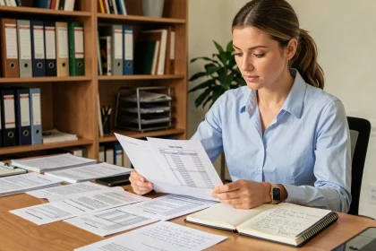 Femme fonctionnaire calculant son salaire net brut sur des fiches de paie à son bureau à domicile