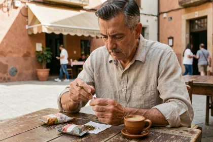 Homme roulant une cigarette avec du tabac à rouler 30g en Espagne, assis à une terrasse de café andalouse